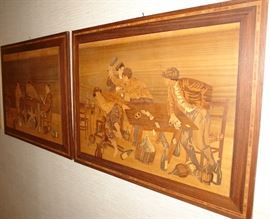 Pair of vintage inlayed wood artwork