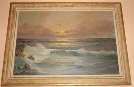 oil painting of crashing waves on rock coast