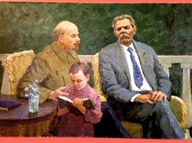 Mid Century Russian Impressionist Oil Painting Lenin/Gorky by Ivan Sobakin