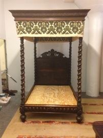 Antique 19th Century Dark Oak Renaissance Revival 4 Post Barley Twist Canopy Bed