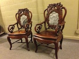 Pair of Turn of Century Carved Hongmu Chinese Chairs with Marble Asian Antique