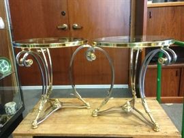 Pair of Vintage Maison Jensen Style Hollywood Regency Round Brass Steel Tables