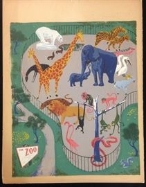 H. Harry Sternberg Signed 1943 Color Screen Print "The Zoo" Inscribed 1940s
