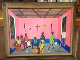 Signed Haitian Vodoun Mystical Hoodoo Scene Painting 32" x 24"