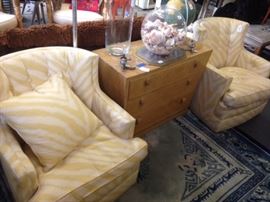 Pair of 1940s Barrel Chairs/Trapezoidal Three Drawer Dresser