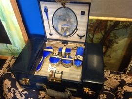 Vintage Mark Cross Blue Leather Traveling Vanity/Sterling Details