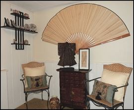 Asian collection including 6 foot by 40 inch fan plus  china and cabinet