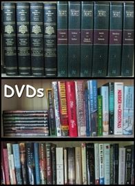 Books and DVDs including four volume Interlinear Bible and Matthew Henry's Commentary - six volumes