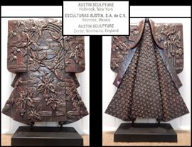  Bronze colored clay or plaster kimono sculpture on base approximately 21 inches tall by Austin Sculpture Company