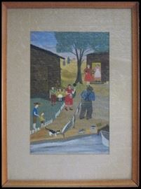 Charming primitive original folk art painting of a man bringing home fish to his family and cats. Note that one fish looks like a shark.