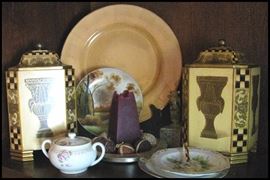 Decorative plates, vessels, candles, china plates and sugar bowl
