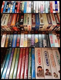 DVDs and VHS movies including Three Stooges and Columbo collections on DVD
