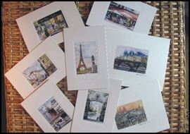  Frameable card prints - scenes from Paris. Scenes include Fouquet's Restaurant, Les Deux Magots, Moulin Rouge, Arch de Triumph, Pont Neuf and Eiffel Tower