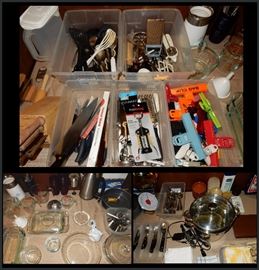 Kitchenware, knives, corkscrew, glass, etc.