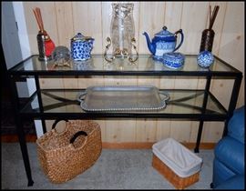 Metal and glass table and decorative accessories