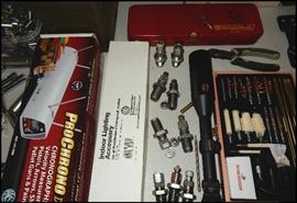 Chronograph, Winchester cleaning kit, Outers Gunslick kit, reloading dies, rifle scope and more