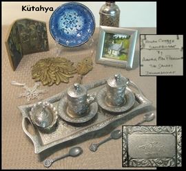 Turkish tea set, spoons, Kutahya bowl and other decorative items. Original miniature signed and framed oil painting of a cottage with chickens measures 4.75" x 4.75".