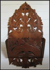  Victorian hand-carved wall magazine rack 33 inches by 16 inches - has "Home Sweet Home" carving