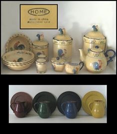  16 piece dishwasher safe- canisters, bowls, teapot, sugar and creamer with a rooster theme made by Home plus ceramic pitchers and platters