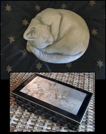  Cat sculpture on handcrafted pillow plus black laquered music box with etched birds