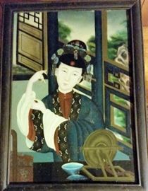 Vintage Asian reverse painting on glass.