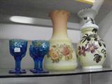 Hand painted blue goblets, Burmese vase, and lovely handblown painted vase