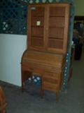 Small oak roll top desk with bookshelves