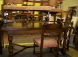 GREAT English Oak dining room set--15 pieces: Table with 12 chairs, buffet, and china cabinet. See next two pictures