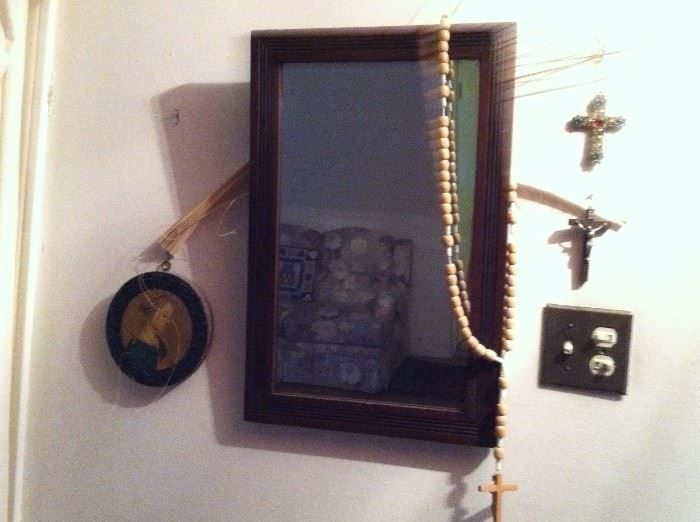 Small Antique Mirror with Wooden Back