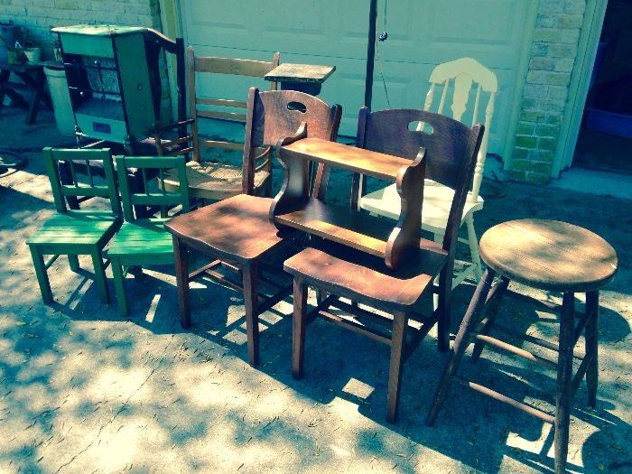 Assortment of antique side chairs shelves stools and more