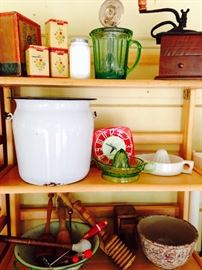 Metal Enamel ware, vintage coffee grinder, butter churn and more