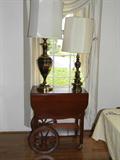 cart and 2 brass lamps