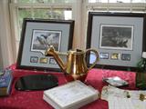 copper & brass watering can, two duck pictures with stamps