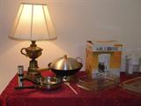 kitchen items and lamp: wok, pans