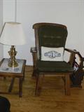 end table with delft style tile top, lamp, and interesting chair