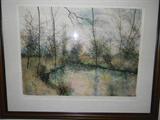 Limited edition (107/175) print by Bernard Gantner of pond in surrounded by trees (light is flashbulb reflection).