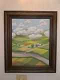 Painting of the countryside from a birds-eye view.