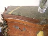 gorgeous three drawer cabinet in burl-effect wood with green marble top and brass detailing on front and both sides
