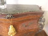 gorgeous three drawer cabinet in burl-effect wood with green marble top and brass detailing on front and both sides