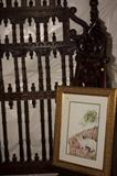 lovely cat picture, picture display easel, and close up of lovely headboard