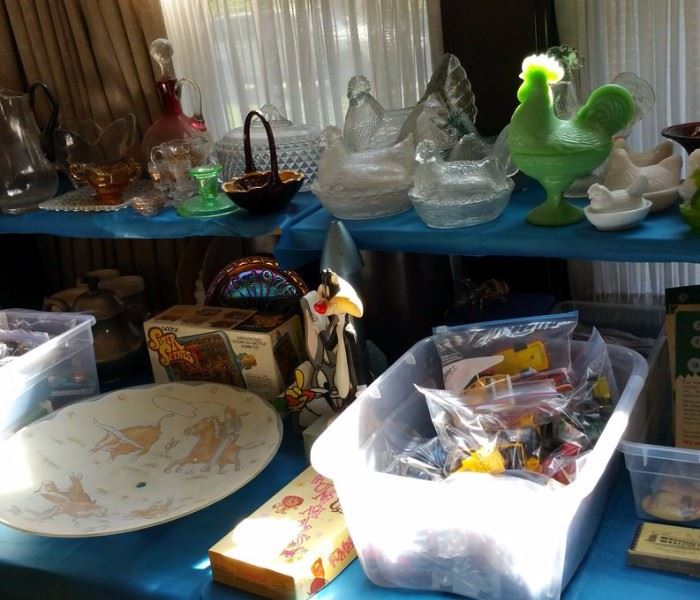 Glass chickens, vintage cowboy ceiling light, lots of great smalls.