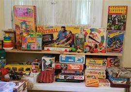 Vintage toys and games, including Creature Features and Planet of the Apes board game.