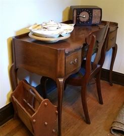 Writing desk, Hitchcock chair, magazine rack, bakelite Zenith radio