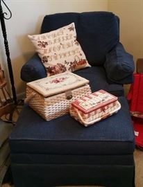 Great reading chair from Toms Price. Old sewing baskets