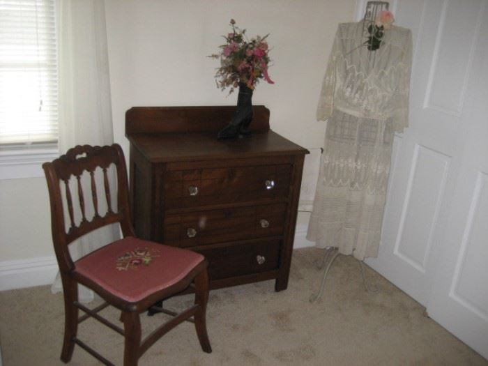 Chestnut Washstand, Vintage Lawn Dress, and Needlepoint Spindle-back Chair