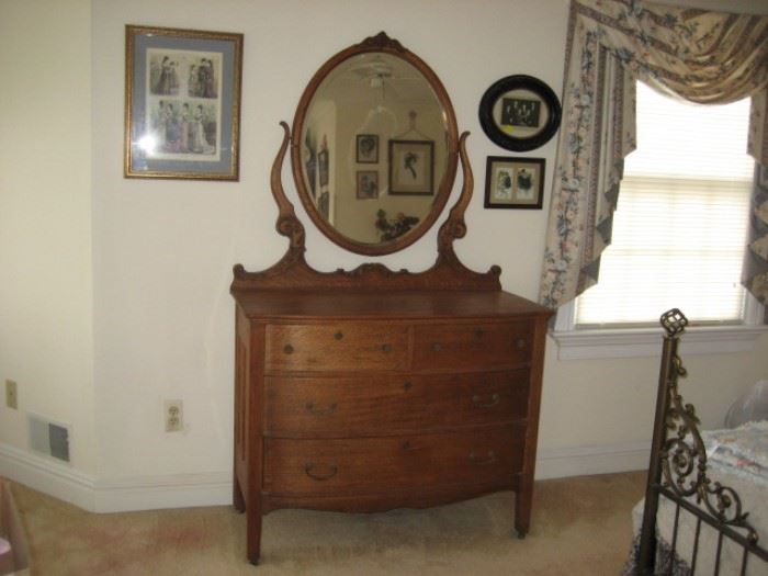 Victorian Oak Ladies Dresser with Carved Harp Mirror