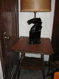 Antique oak square table and horse head lamp