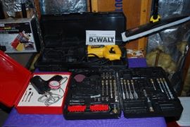 DeWalt Model DW303M Reciprocating Saw w/ Case & Users Manual, Skil Soldering Gun & Craftsman Drill Bits & Miscellaneous Adapters.