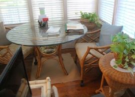 Glass Top Bamboo Table with Two Chairs, also small Wicker Table and Planter