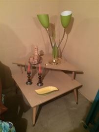 vintage corner table, vintage goose-neck lamp